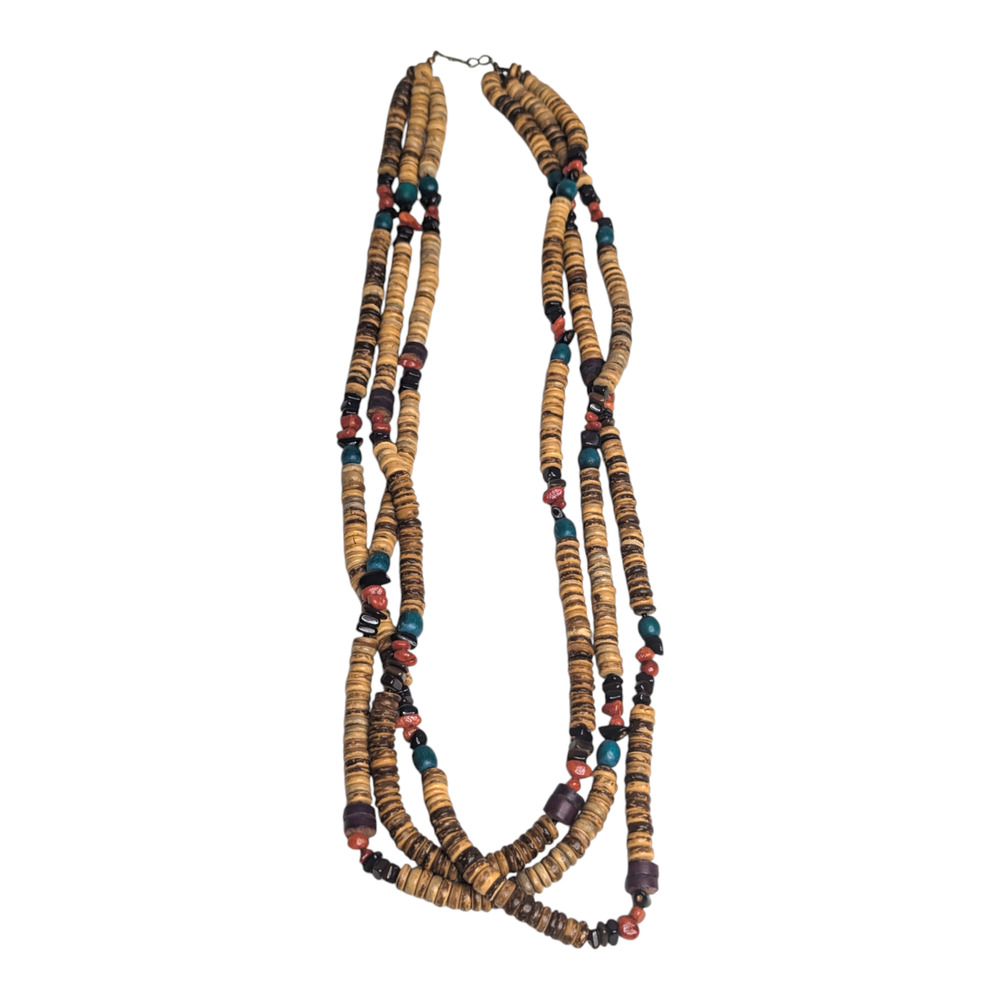 Boho‎ Multi Layered Chunky Multi Colored Wooden Beaded Long Vintage Necklace - Picture 5 of 6